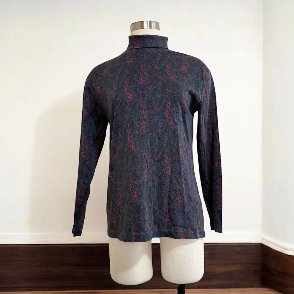 Lands End Paisley Purple Green Blue Turtleneck Long Sleeve Top Shirt Small Mediu